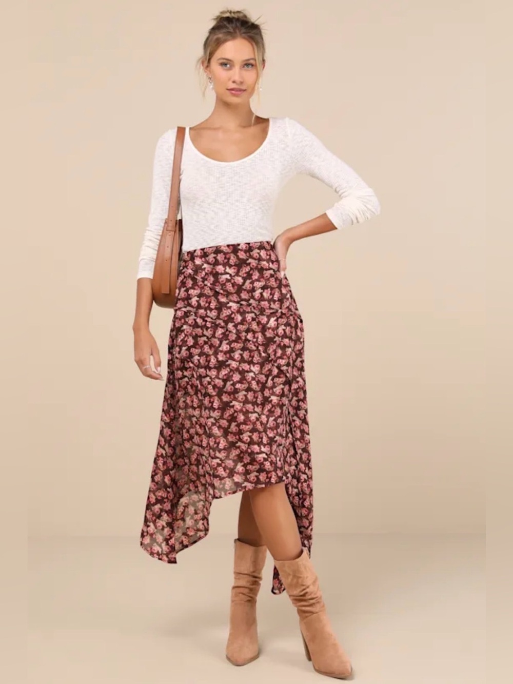 NWT Lulu’s Brown Floral Asymmetrical Midi Skirt - XL